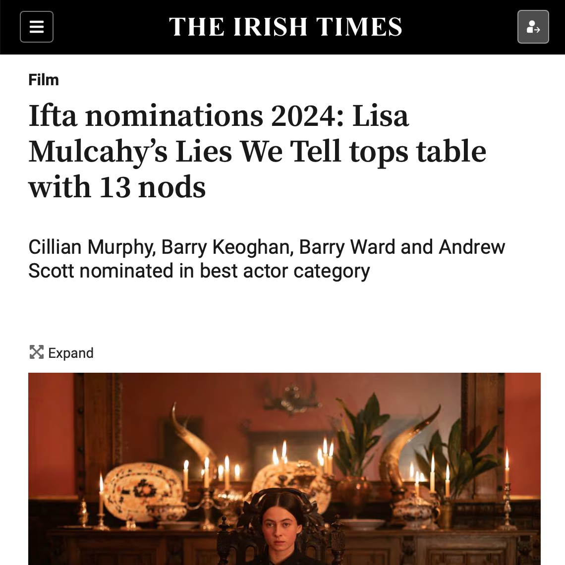 From @IrishTimes: IFTA nominations 2024: Lisa Mulcahy’s Lies We Tell tops table with 13 nods irishtimes.com/culture/film/2… @DonaldClarke63
