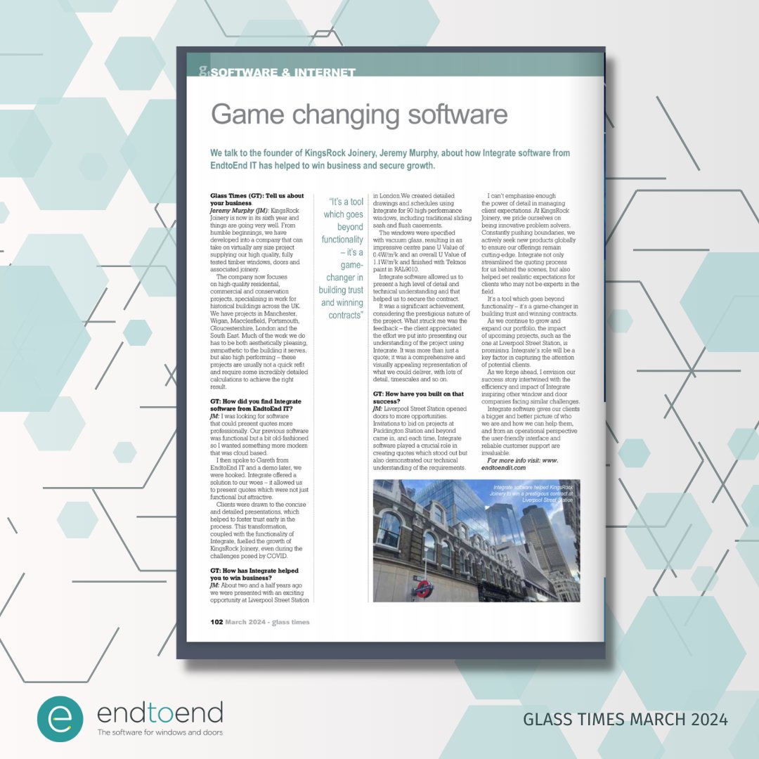 📰 Have you seen the latest issue of @glasstimes? 

Check out their interview with Jeremy from @KingsrockJ(p120) on how game changing software has helped them win business and secure growth.

Read it here: glasstimes.co.uk/view-past-edit…

#EndtoEndIT #GlassTimes #JoinerySoftware