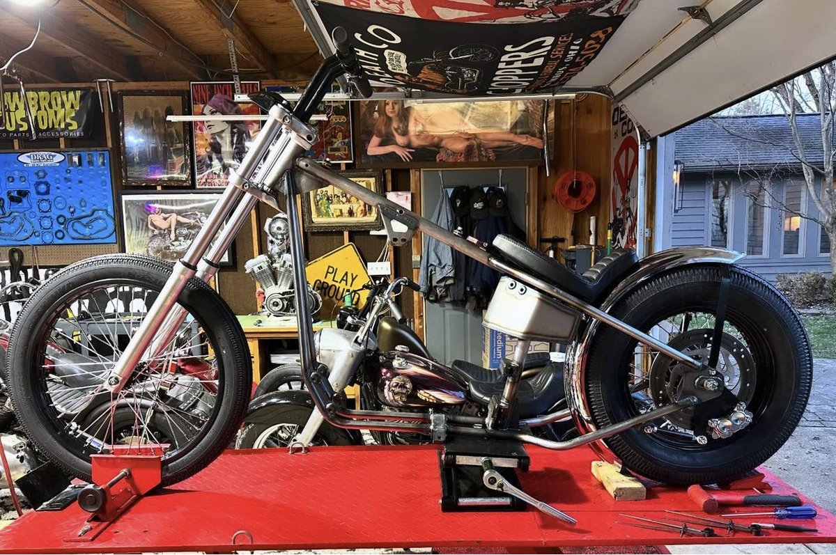 DCC #28 Roller is on the lift and get ready for mock up. @_death_co_choppers The Midwest Sportster King at it again. How many will he build this year!? #choppers #sportster #sporsterchop #gasbox #harley #3up #choppershit #sportsternation #custommotorcycles #deathcochoppers