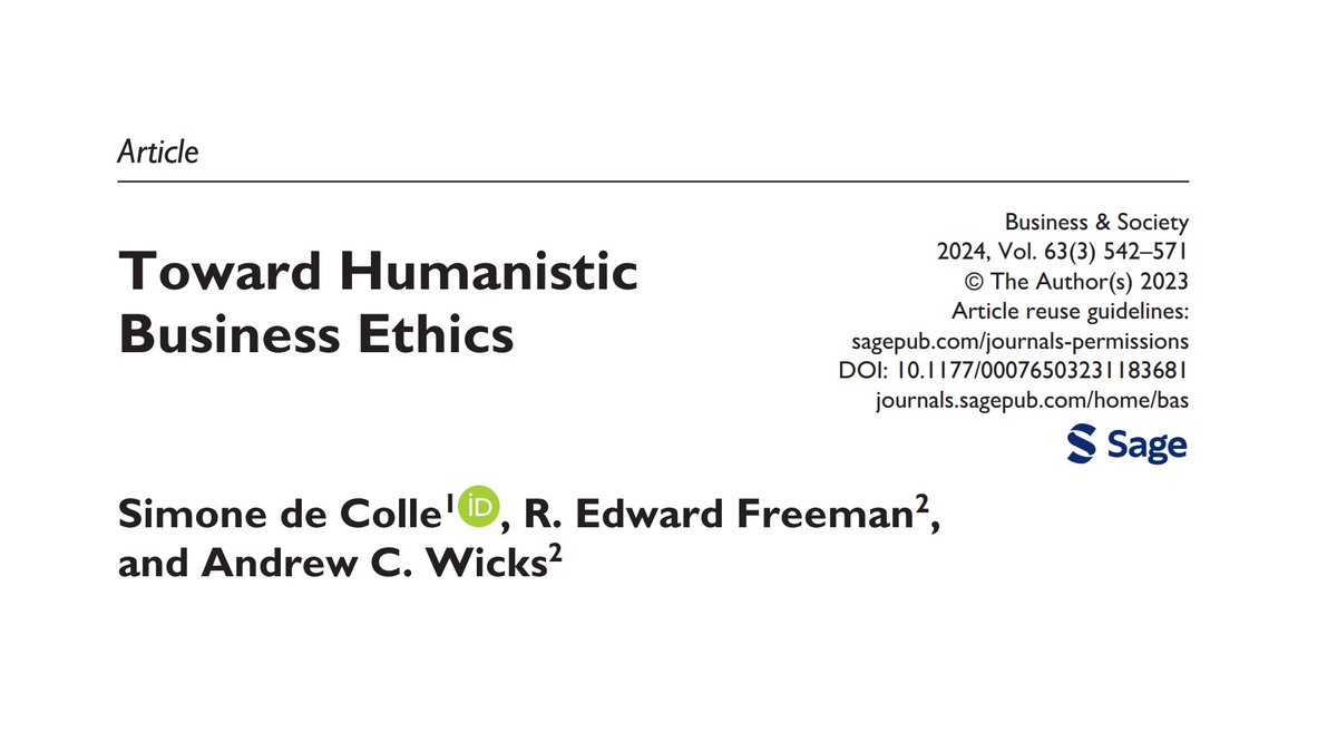Business & Society (@baseditors) on Twitter photo Read this new article by Simone de Colle, <a href="/RE_Freeman/">R. Edward Freeman</a>, and Andrew Wicks, in which they argue that the current evolution of #businessethics is on a healthy and prosperous path, with the emergence of an approach that they call Humanistic Business Ethics. doi.org/10.1177/000765… Read this new article by Simone de Colle, <a href="/RE_Freeman/">R. Edward Freeman</a>, and Andrew Wicks, in which they argue that the current evolution of #businessethics is on a healthy and prosperous path, with the emergence of an approach that they call Humanistic Business Ethics. doi.org/10.1177/000765…
