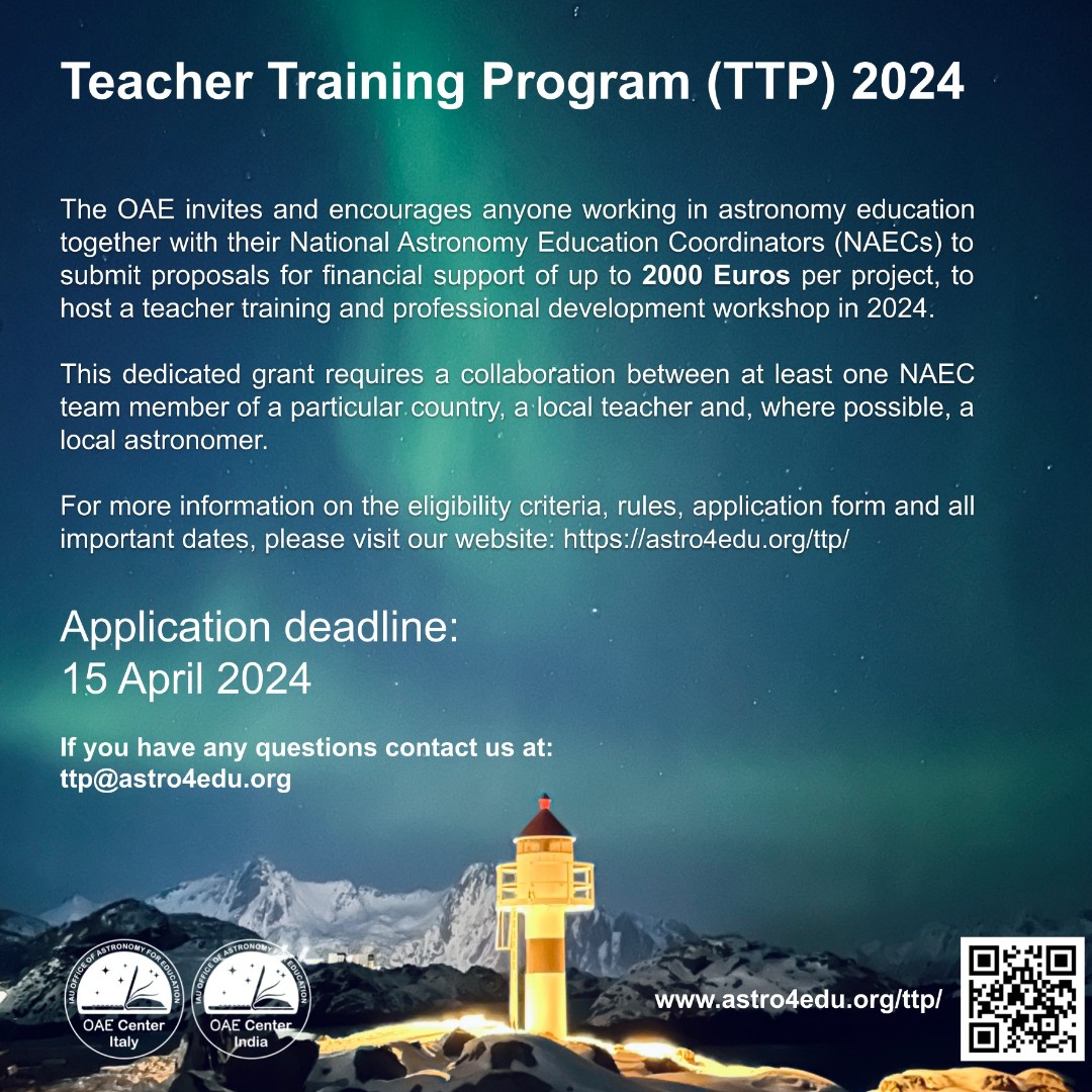 The @astro4edu is thrilled to announce the call for proposals for the TTP 2024. NAECs can now seek financial support for impactful teacher training workshops in their regions. Up to 2000 Euros available! Deadline: April 15th, 2024. More info: astro4edu.org/ttp/