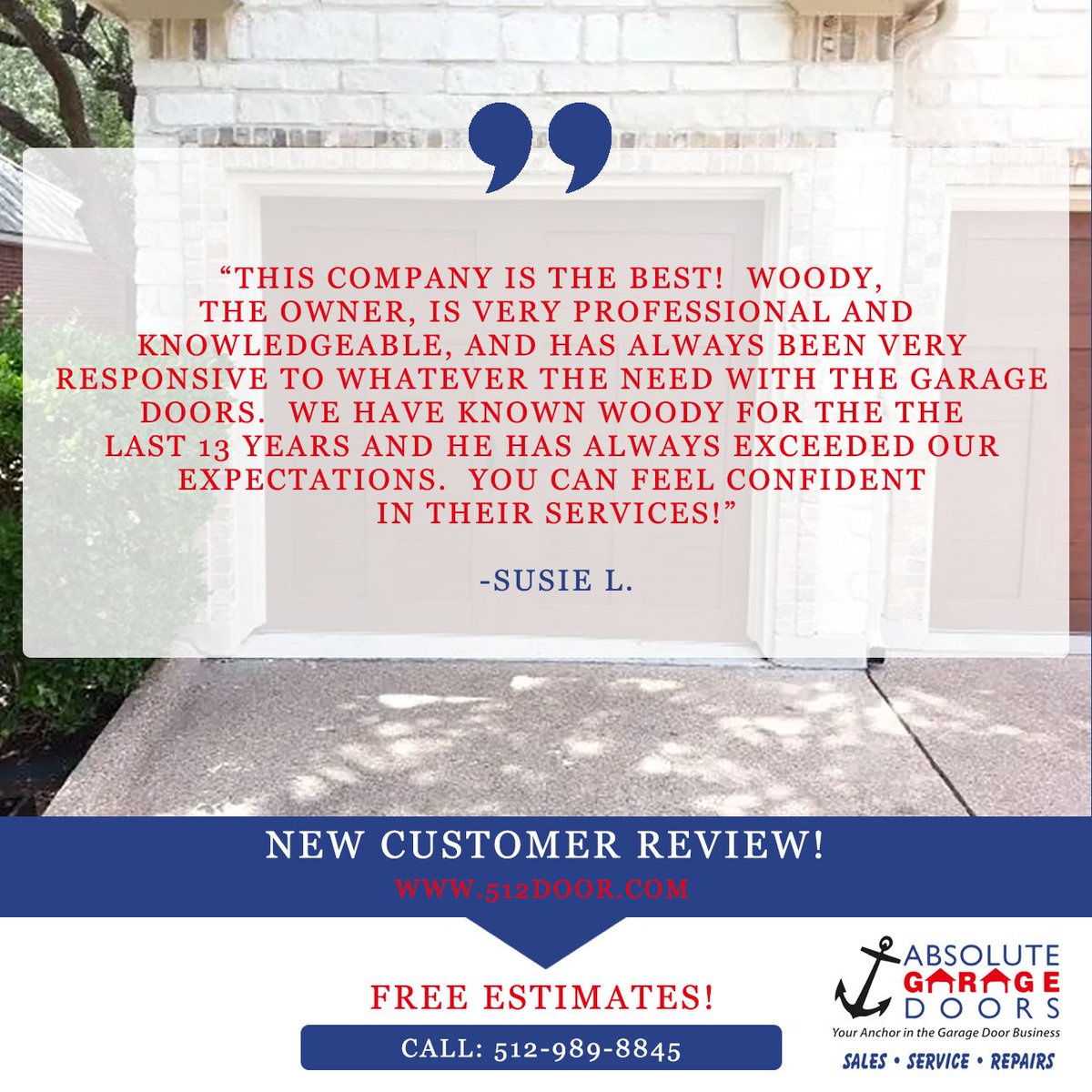 Thankful for long time customers and reviews like these!

#customersforlife #customerreviews #AbsoluteGarageDoors #Georgetown #garagedoors #Texas