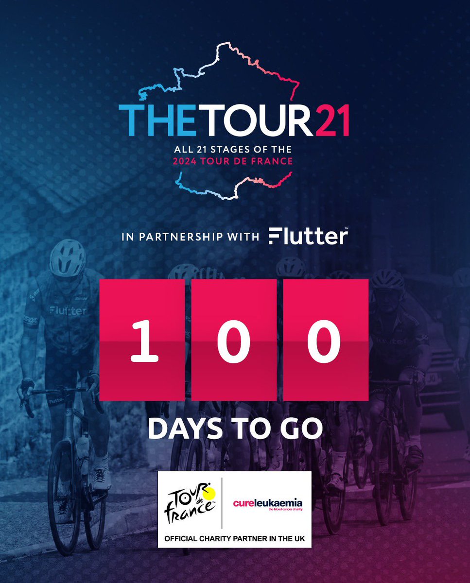 🌟 𝟭𝟬𝟬 𝗗𝗔𝗬𝗦 𝗧𝗢 𝗚𝗢! 🌟 A milestone that puts fear into our team, but a milestone that makes our riders ever more determined to conquer all 21 stages of the Tour de France and raise over £1,000,000 for @CureLeukaemia #BloodCancer #Leukaemia #tourdefrance