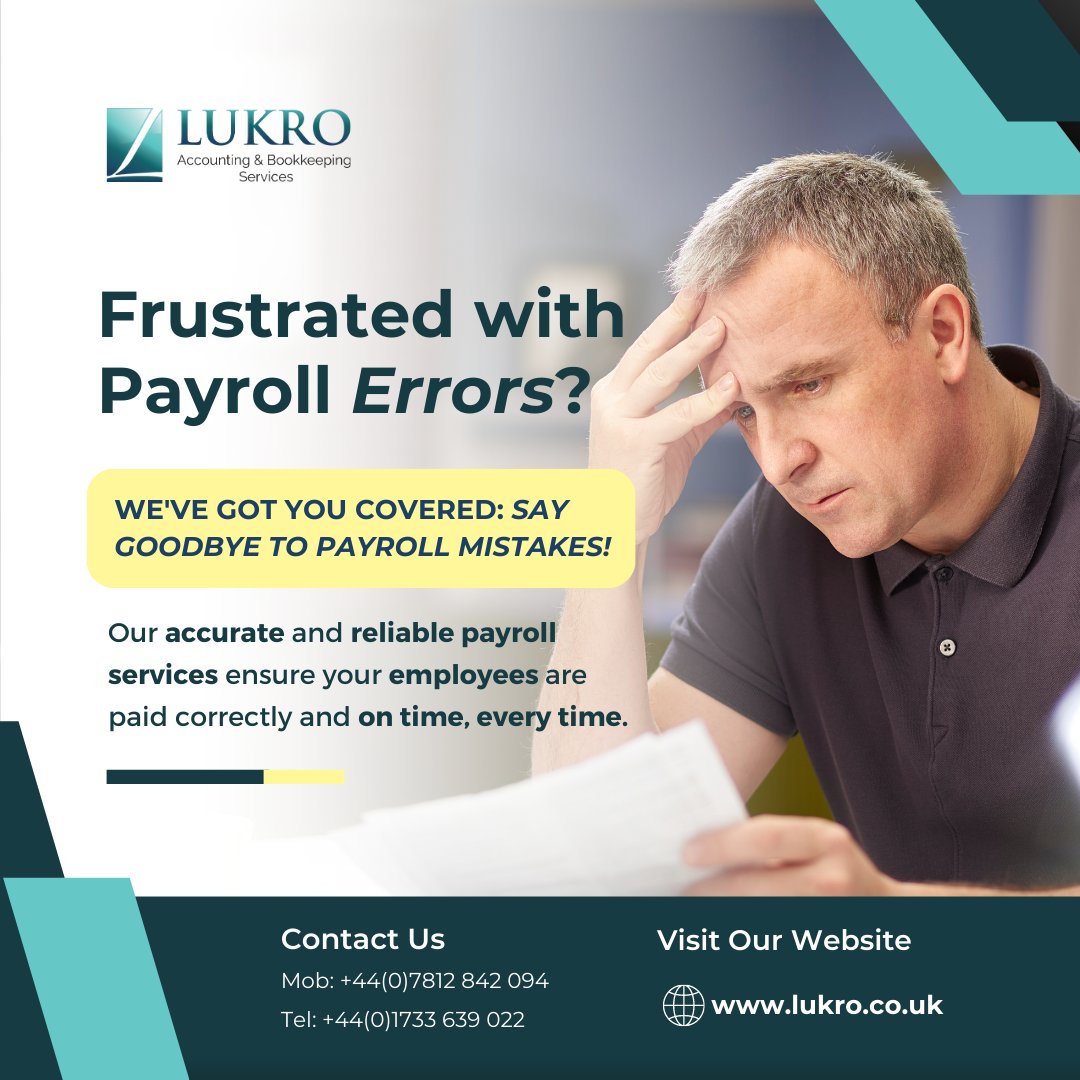 Say goodbye to payroll mistakes! Our accurate and reliable payroll services ensure your employees are paid correctly and on time, every time.
lukro.co.uk/payroll/ 

#PayrollPerfection #PayrollServices #Payroll #payrollexpert #payrollhelp #payrollspecialist
