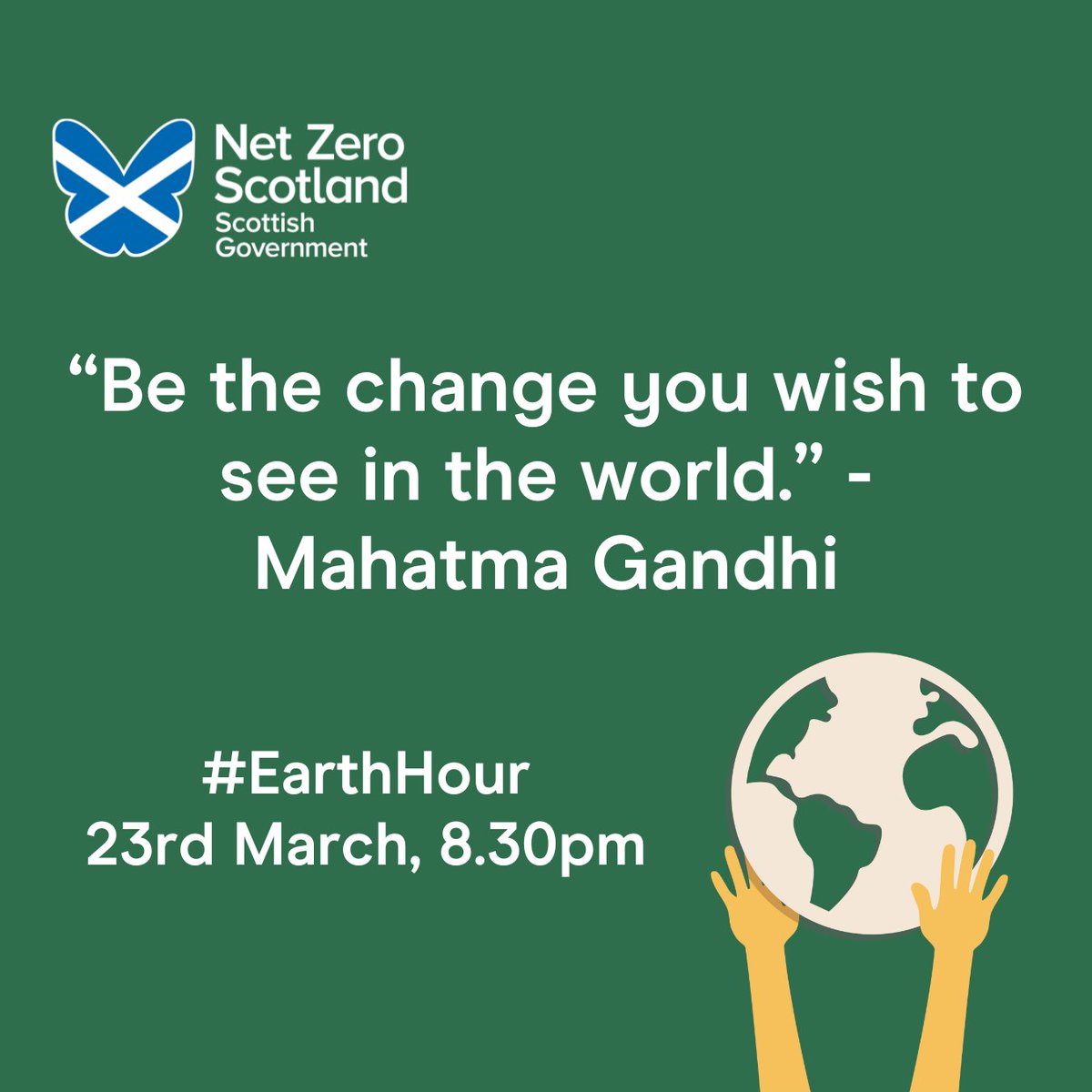 ScotGovNetZero's tweet photo. Stay tuned for Earth Hour 2024, taking place on 23rd March. 

All around the globe people and organisations will be switching off the lights at 8.30pm and giving an hour to do something positive for our planet.

#EarthHour #LetsDoNetZero #EmbraceChange https://t.co/er1RDsL57L