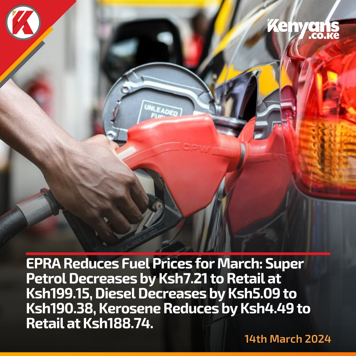 EPRA reduces fuel prices for March: Super Petrol by Ksh7.21, Diesel by Ksh5.09 and Kerosene by Ksh4.49