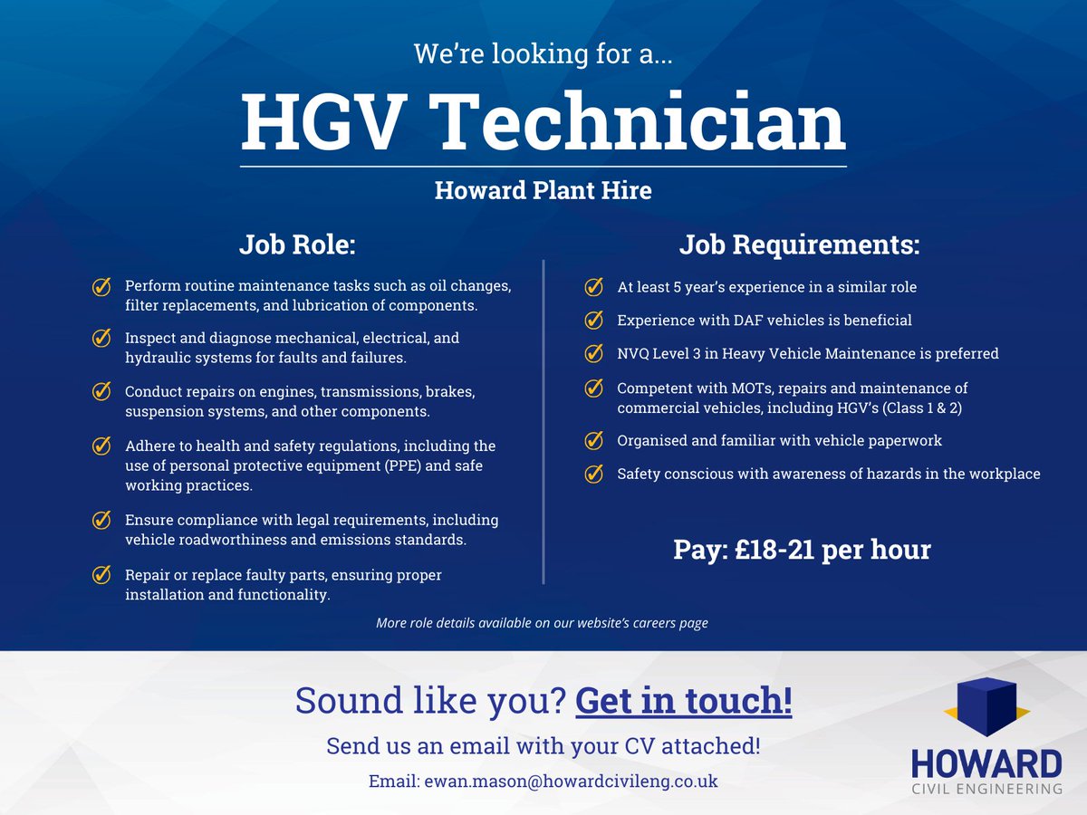 👀 We're on the lookout for an HGV Technician to join our Howard Plant Hire team - if this sounds like you, don't hesitate to get in touch! 👉 For more information, visit our website's vacancy page here: howardcivileng.co.uk/careers/curren…