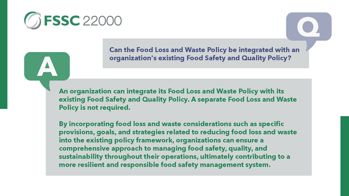 Can the #FSSC #FoodLossandWaste policy be integrated into an organization's existing #ISO #IMS? As an #ISO based and #GFSI recognized #FSMS, #FSSC22000 requirements can be included in existing ISO IMS policies. Learn more in our #FLW Guidance Document: ow.ly/Lhe450QRjJh