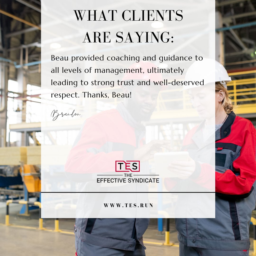 Ready to experience the transformative power of trust and respect in your manufacturing operations? Email Beau@tes.run today and let's embark on a journey of growth and success together. 
#ManufacturingConsulting #TrustAndRespect #CustomerTestimonial #LeadershipDevelopment