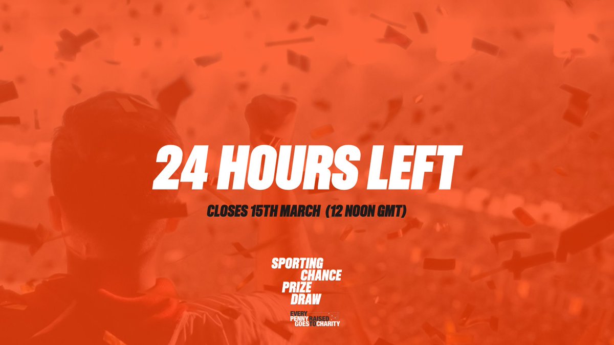 24 HOURS LEFT 📢 Sporting Chance Prize Draw 2024 is only open for ONE MORE DAY. ⭐ 40+ amazing sporting prizes to be won ⭐ £10 minimum donation to enter ⭐ EVERY PENNY RAISED goes to charity ENTER HERE 📢 : 🔗 loom.ly/adVrbUM #sportingchanceprizedraw