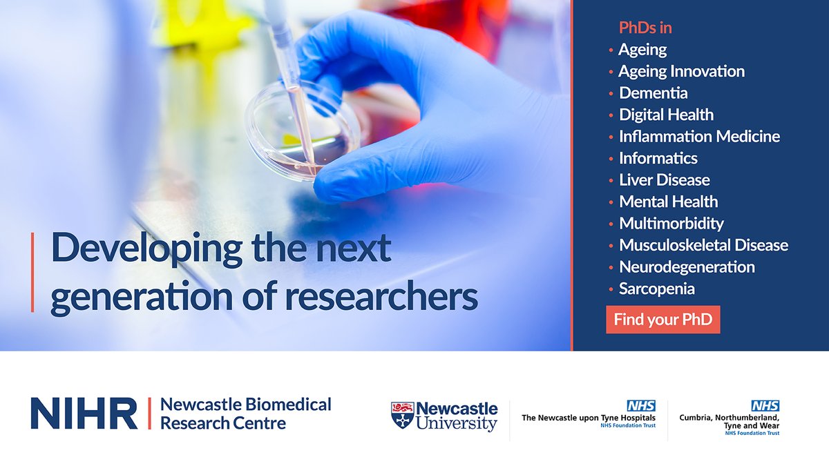 🚨It’s the last day to apply for a PhD Studentship at the NIHR Newcastle Biomedical Research Centre. We have 12 fully-funded PhDs available. Apply now! The deadline for application is Friday 15 March. 🔗ncl.ac.uk/postgraduate/f… #BRCresearch #PhD #career #studentships #funding