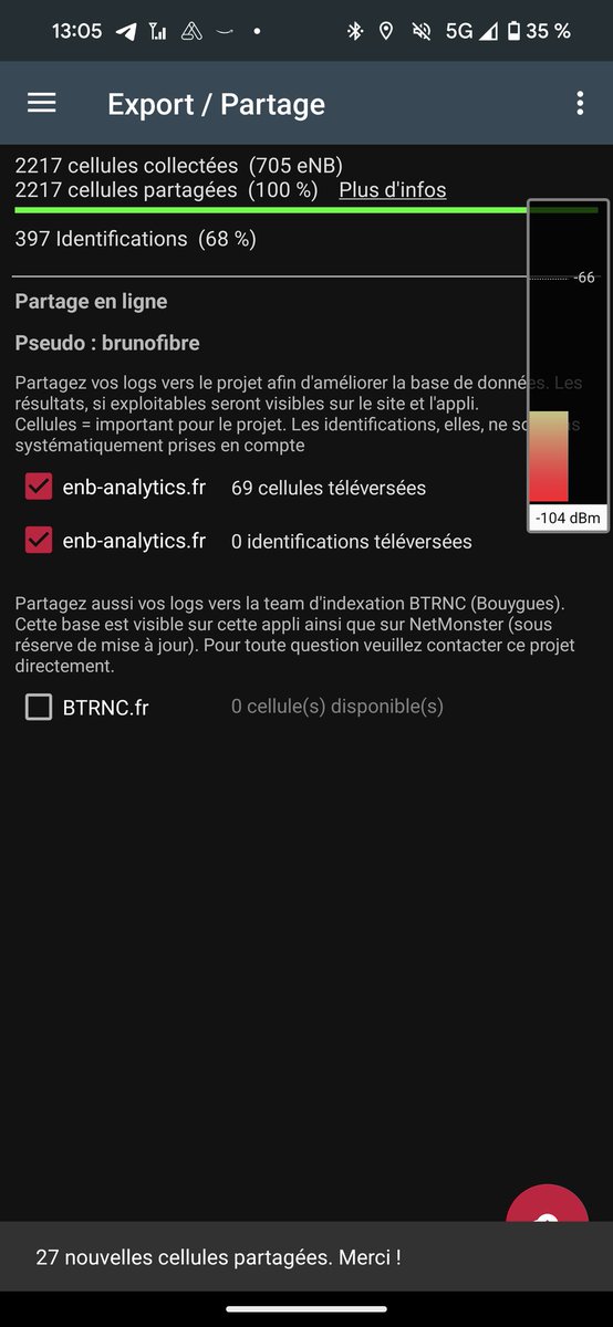 Bruno_FIBRE's tweet photo. Je participe à la cartographie radio de l’app #RNCmobile en envoyant 1600 mesures de signal. Et @enbanalytics #signalmap https://t.co/JaF7UDWpD0