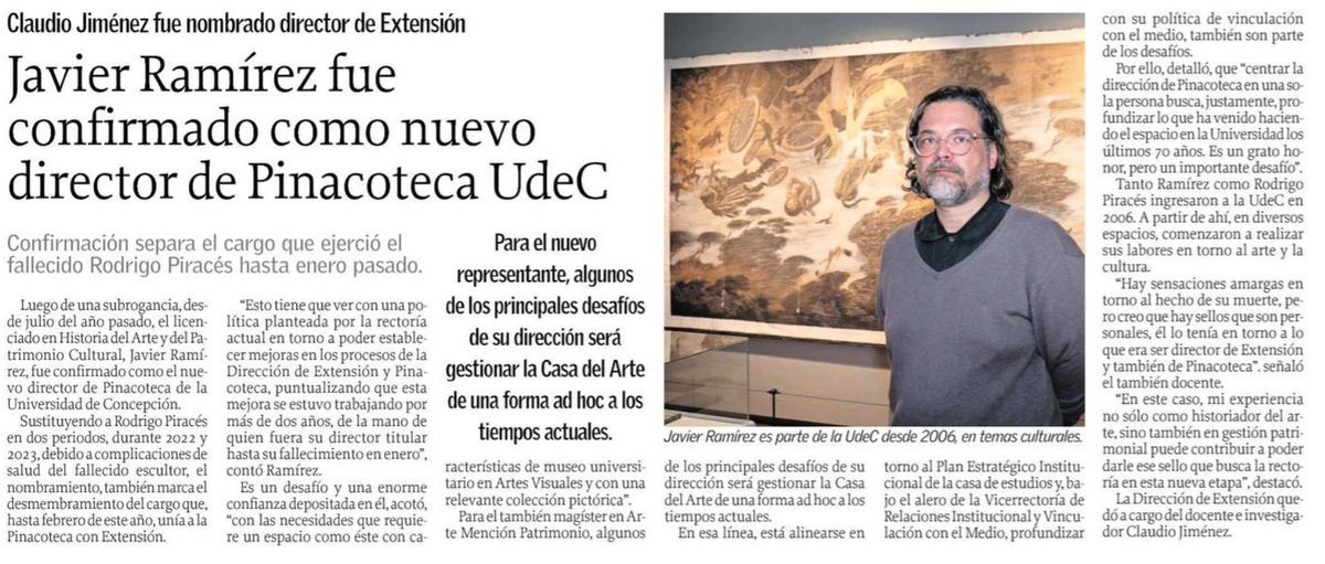 #PrensaUdeC: Este jueves en Diario @elsurcl se destaca la confirmación de Javier Ramírez Hinrichsen como nuevo director de la Pinacoteca UdeC.