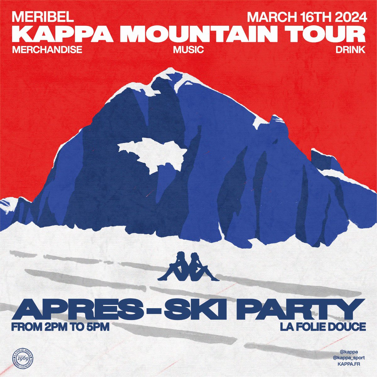 RDV ce samedi 16 Mars à Meribel pour la dernière étape du #KappaMountainTour ! 😎🪩 See you there 🎿 #KappaSport #KappaSki