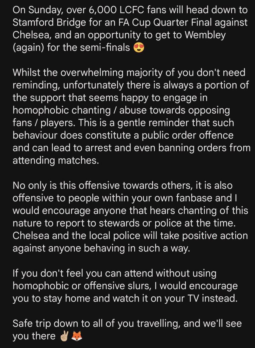Leics Police Events (@leicsevents) on Twitter photo Appreciate it's always a minority, but a polite reminder for those of you heading down to <a href="/ChelseaFC/">Chelsea FC</a> on Sunday 🦊👇🏼
<a href="/LCFC/">Leicester City</a> <a href="/lcfchelp/">Supporter Services</a> <a href="/FoxesPride/">Foxes Pride 🦊🏳️🌈</a> <a href="/MPSFootballUnit/">MPS Football Unit</a> Appreciate it's always a minority, but a polite reminder for those of you heading down to <a href="/ChelseaFC/">Chelsea FC</a> on Sunday 🦊👇🏼
<a href="/LCFC/">Leicester City</a> <a href="/lcfchelp/">Supporter Services</a> <a href="/FoxesPride/">Foxes Pride 🦊🏳️🌈</a> <a href="/MPSFootballUnit/">MPS Football Unit</a>