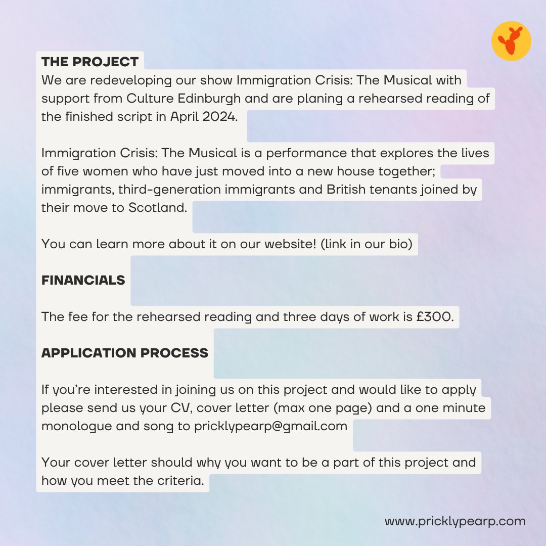 PearProductions's tweet image. 🚨CASTING 3 performers to join our team in Edinburgh or within commuting distance. To apply, send your CV, cover letter, monologue, and song by March 25th at NOON to pricklypearp@gmail.com. The project is supported by the City of Edinburgh Council.