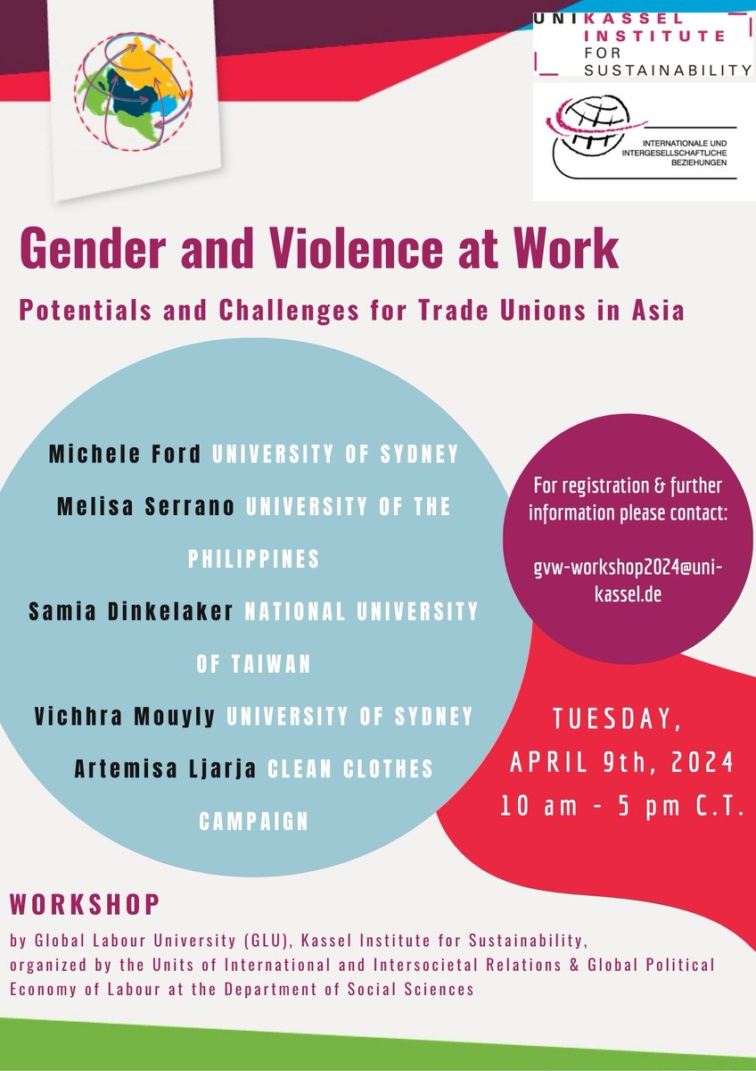 Workshop: #Gender and Violence and Work. Potentials and Challenges for #TradeUnions in Asia. 🗓️ 09.04.24 10 am to 5 pm 📨Registration via E-Mail to gvw-workshop2024@uni-kassel.de ❗️open for everyone who is interested