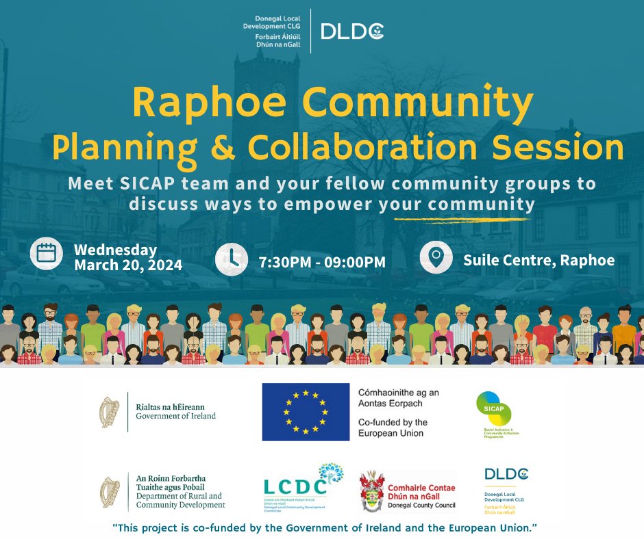 Are you in a Raphoe community group? Join us for a Community Planning & Collaboration Session! 🌟 Share ideas, collaborate, and uplift your community. Wed, March 20, 7:30-9:00 PM at Suile Centre, Raphoe. #RaphoeCommunity #CommunityEngagement #SICAP