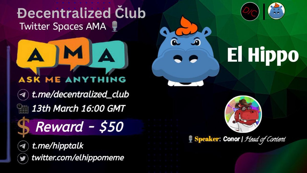 Update: El Hippo AMA Rescheduled! 📢

Due to unforeseen internet connection issues at Decentralized Club, we had to postpone our eagerly awaited AMA session. But we're back on track now!

🆕 New Date &amp; Time:
🗓 Date: 14 March
⏰ Time: 16:00 GMT
💰 Reward: $50 USDT for the best