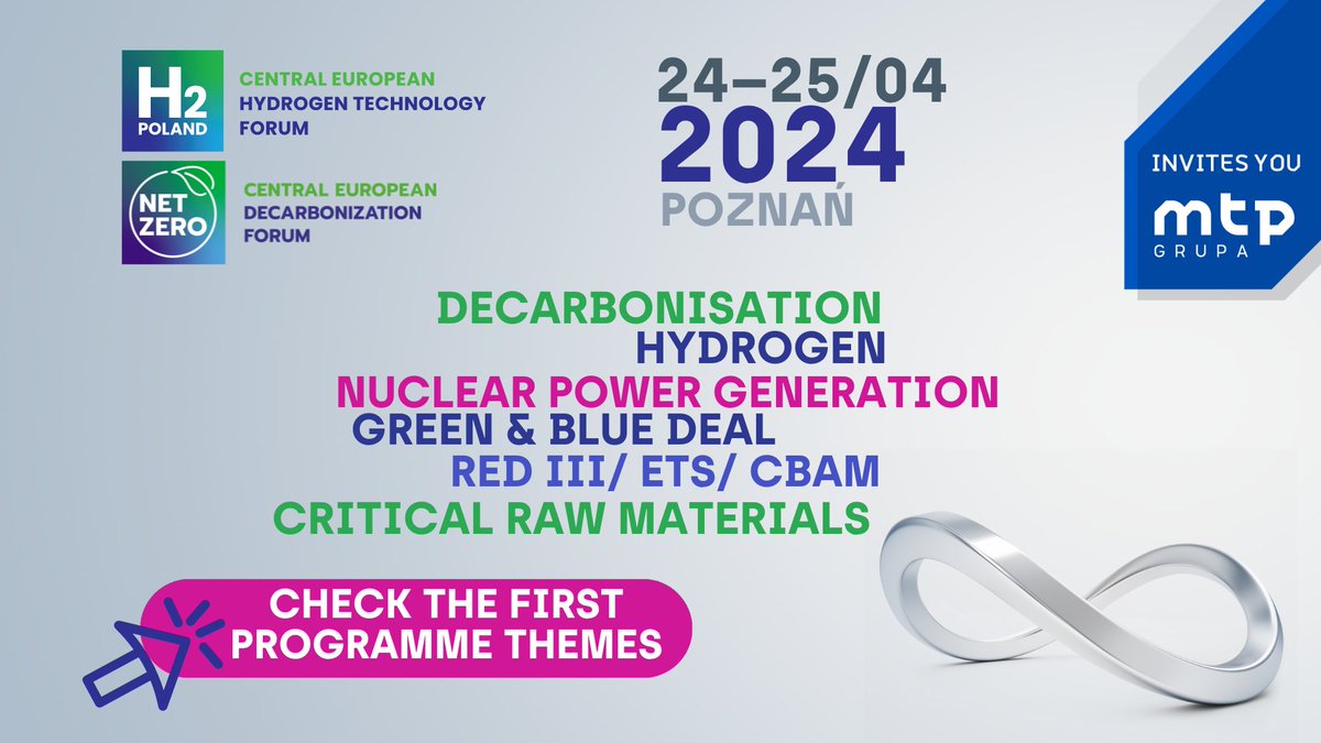 Register and attend the @H2NetZero Forum event that engages key players responsible for decarbonisation and the hydrogen economy in Poland and Europe 📷. See programme 📷mtp-link.pl/7as5t #hydrogen #ETS #CBAM #RED3 #CRM #criticalrawmaterials #transport #technologies