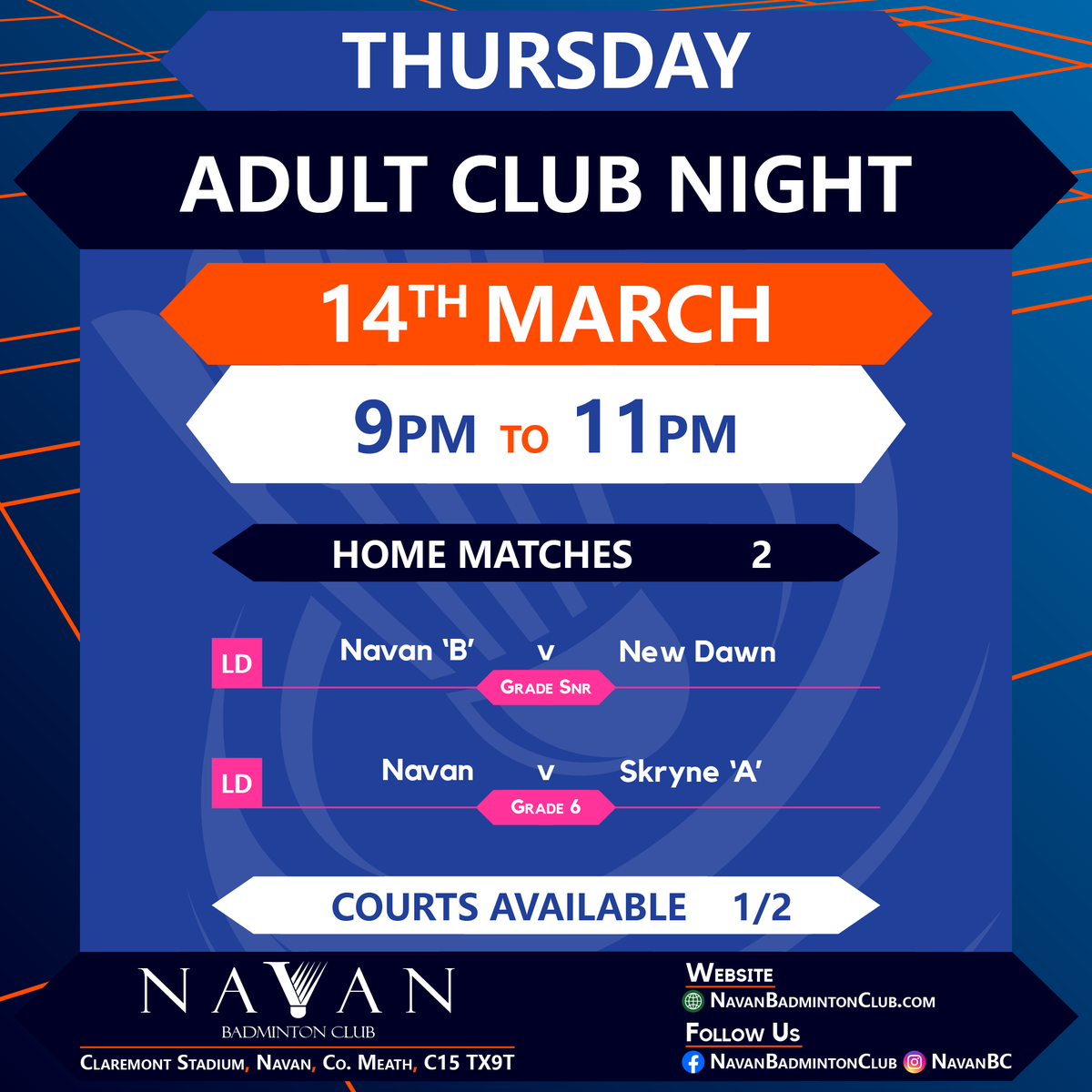 #THURSDAY #ClubNight | 14th Mar | 9pm-11pm | #ClaremontStadium #Navan #Meath #Ireland

Hear ye! Tonight, our #badminton hall transforms into a medieval arena, where shuttle knights shall duel in fierce matches!

#BWFWorldTour #YAE24 #AllOfBadminton #AllEngland2024 #FrenchOpen2024