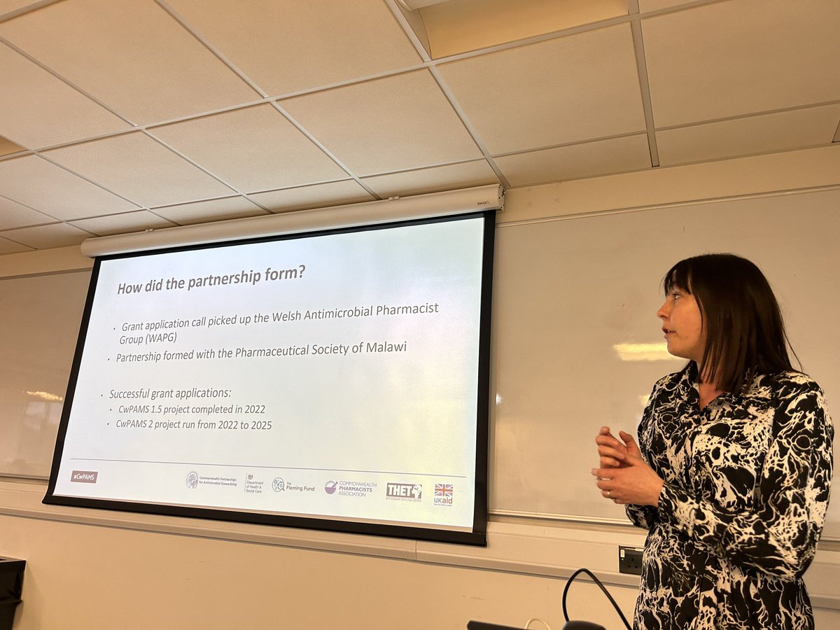 Julie Harris @SwanseabayNHS presents #CwPSMS Wales Malawi Antimicrobial Pharmacy Partnership with William Mpute, visited in June 2023, laboratory provision varies, difficulty confirming pathogens, gradually more data is helping