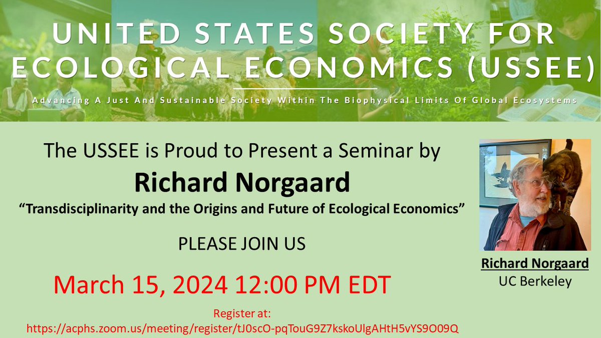 Curious about the origins and future of #EcologicalEconomics? Please join us for a webinar with Richard Norgaard, one of the field's founders!
Friday, March 15 at 12:00 noon ET
Free registration at:
acphs.zoom.us/meeting/regist…