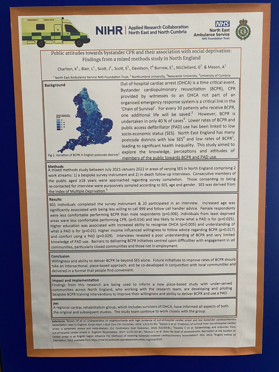 Showcasing our poster from our Public attitudes towards bystander CPR study @NIHR_ARC_NENC @NIHR_ARC_NENC #ARCSconf24 @NEAmbulance @NEAS_Medical