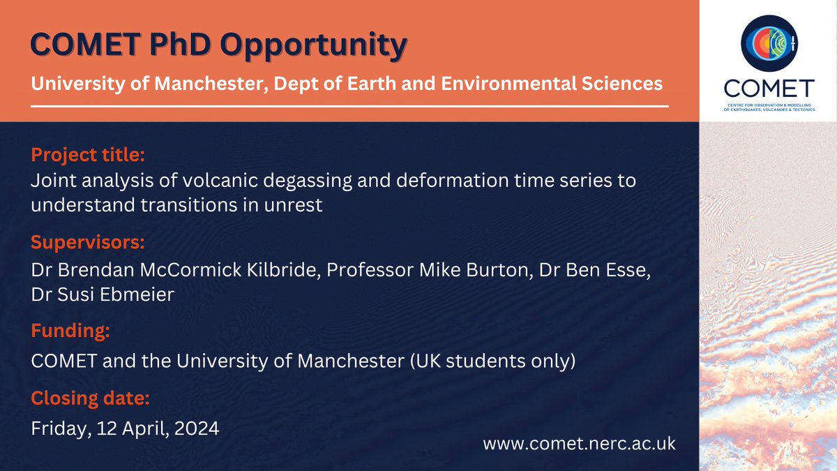 Fully funded PhD project at @UoM_EES with @BrendanVolc, @skebmeier and @volcano_ben, supported by @NERC_COMET and @OfficialUoM on volcanic degassing and ground deformation processes. Great career opportunities arising from this training.🌋 Apply at: findaphd.com/phds/project/j…