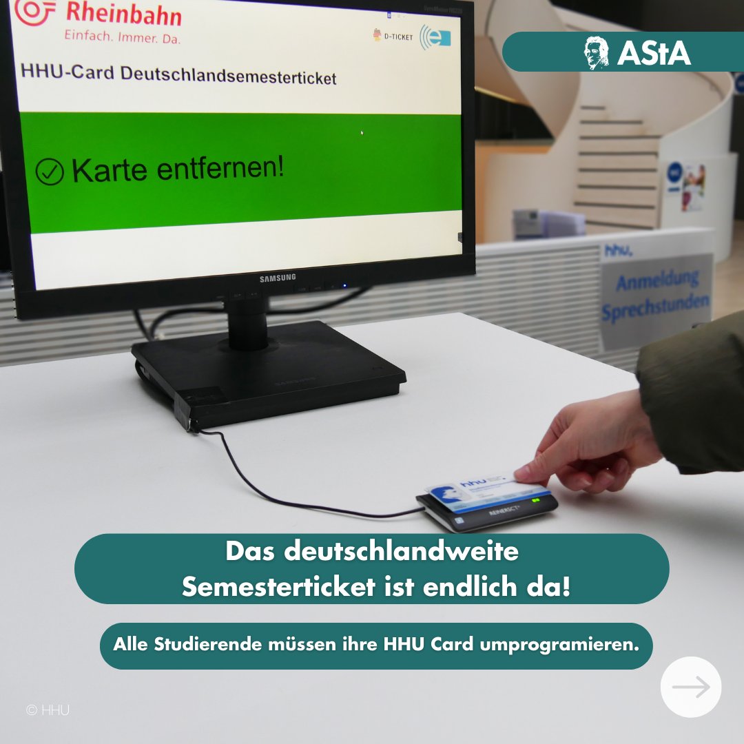 ⚠️ Wichtige Info zur Umstellung auf das deutschlandweite Semesterticket:
Ab dem 1. April 2024 können alle Studierenden der #HHU mit ihrem Semesterticket deutschlandweit unterwegs sein.
Achtung: Um das neue Semesterticket zu bekommen, muss die HHU-Card umprogrammiert werden. 1/4