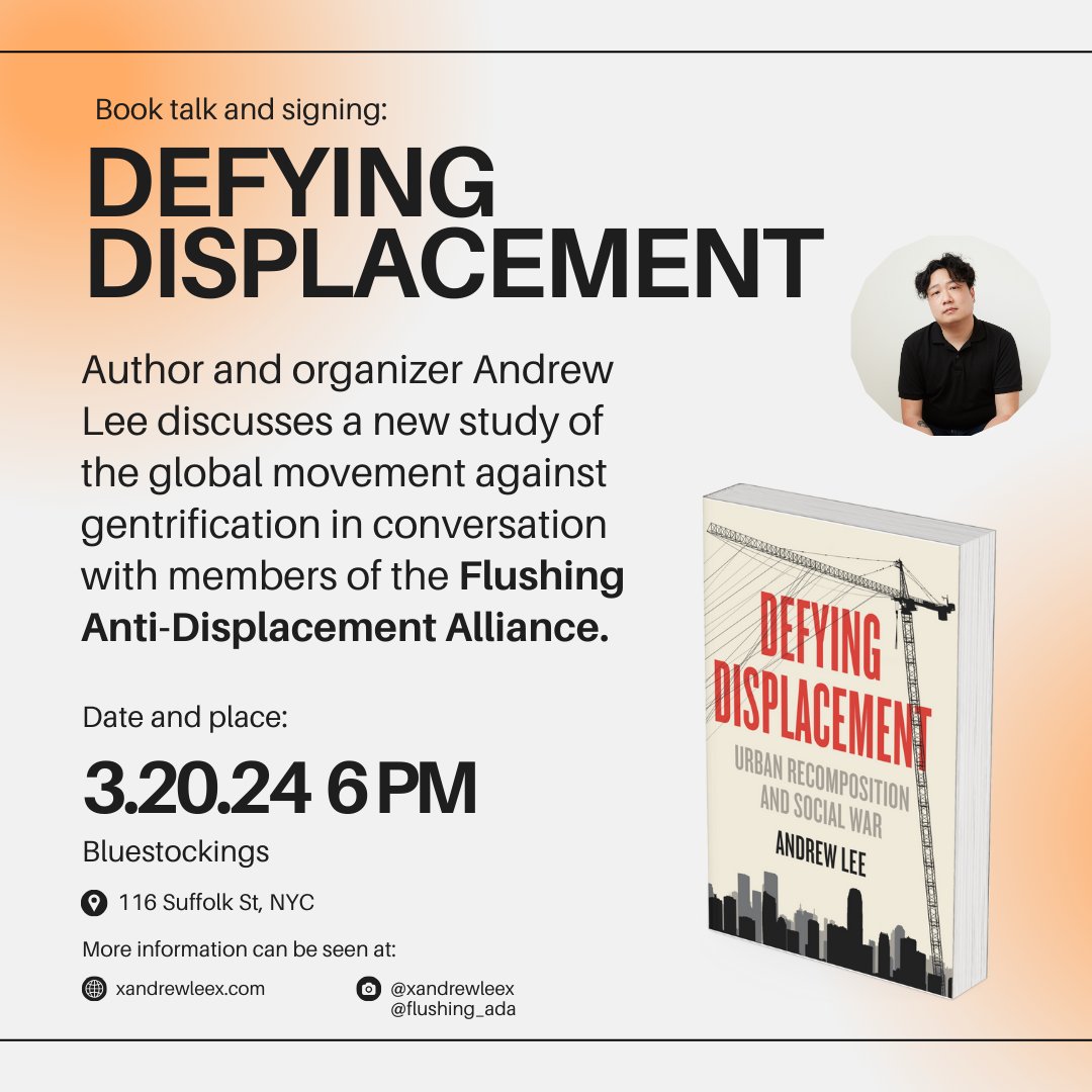 I'm very excited to be in conversation with members of the <a href="/Flushing_ADA/">Flushing Anti-Displacement Alliance</a> at <a href="/bluestockings/">Bluestockings Cooperative</a> in NYC next Wednesday, talking about the bridging local struggles in the fight to preserve community and end gentrification. Come through!