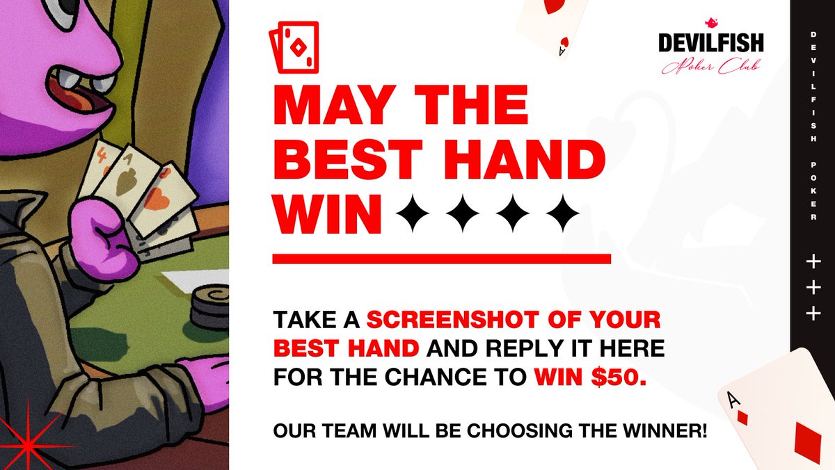 May The Best Hand Win🃏 For todays tournament we are running a competition for $50 To have a chance to win: -Reply to this post with a screenshot of your best hand -Like -Retweet The team will choose the winner. ❗️9PM CET TONIGHT❗️
