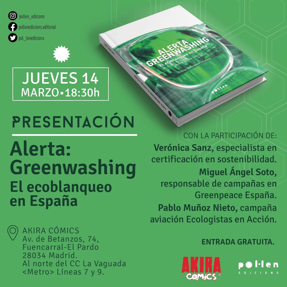 👉 Esta tarde tenemos presentación del libro "Alerta: Greenwashing" 

📆 De 18:30 a 20:00 horas hablaremos de ecoblanqueo con @Veronica_Amb <a href="/NanquiSoto/">Miguel Ángel Soto</a> @pmunoznieto y <a href="/enochmm/">Enoch M.M.</a> moderando. 

Todavía quedan plazas! Puedes reservar la tuya aquí:

eventbrite.es/e/entradas-pre…