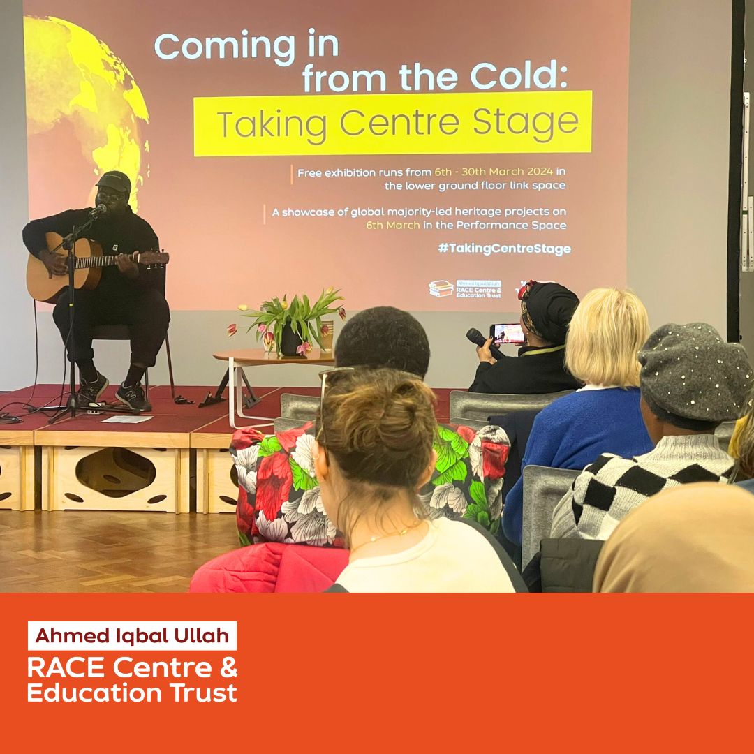 A massive thank you to our performers and caterers at last week's #TakingCentreStage showcase of global majority-led heritage projects. @hellodaudi (on guitar) and Godfrey Pambalipe with @afrocatsmcr (on drums) moved and captivated us while RJ's cuisine kept us well-fed.