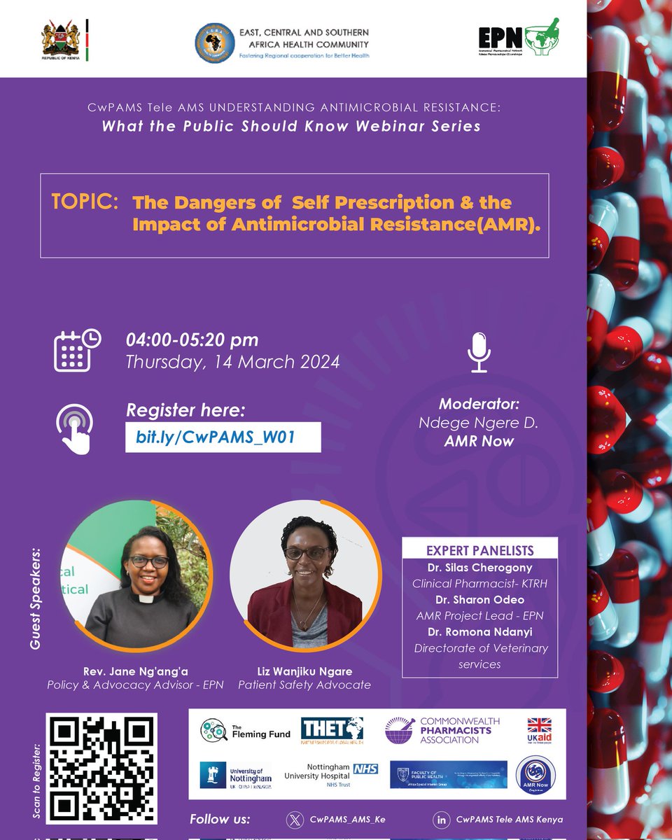 ⏰ Webinar begins in 1 hour.

Topic: The Dangers of Self Prescription & the Impact of Antimicrobial Resistance.

🗓️ Thursday, March 14, 2024
🕓 1600-1720 hrs EAT (GMT+3)
🔴 bit.ly/CwPAMS_W01

#AntimicrobialStewardship
#CwPAMS
#AMRNow