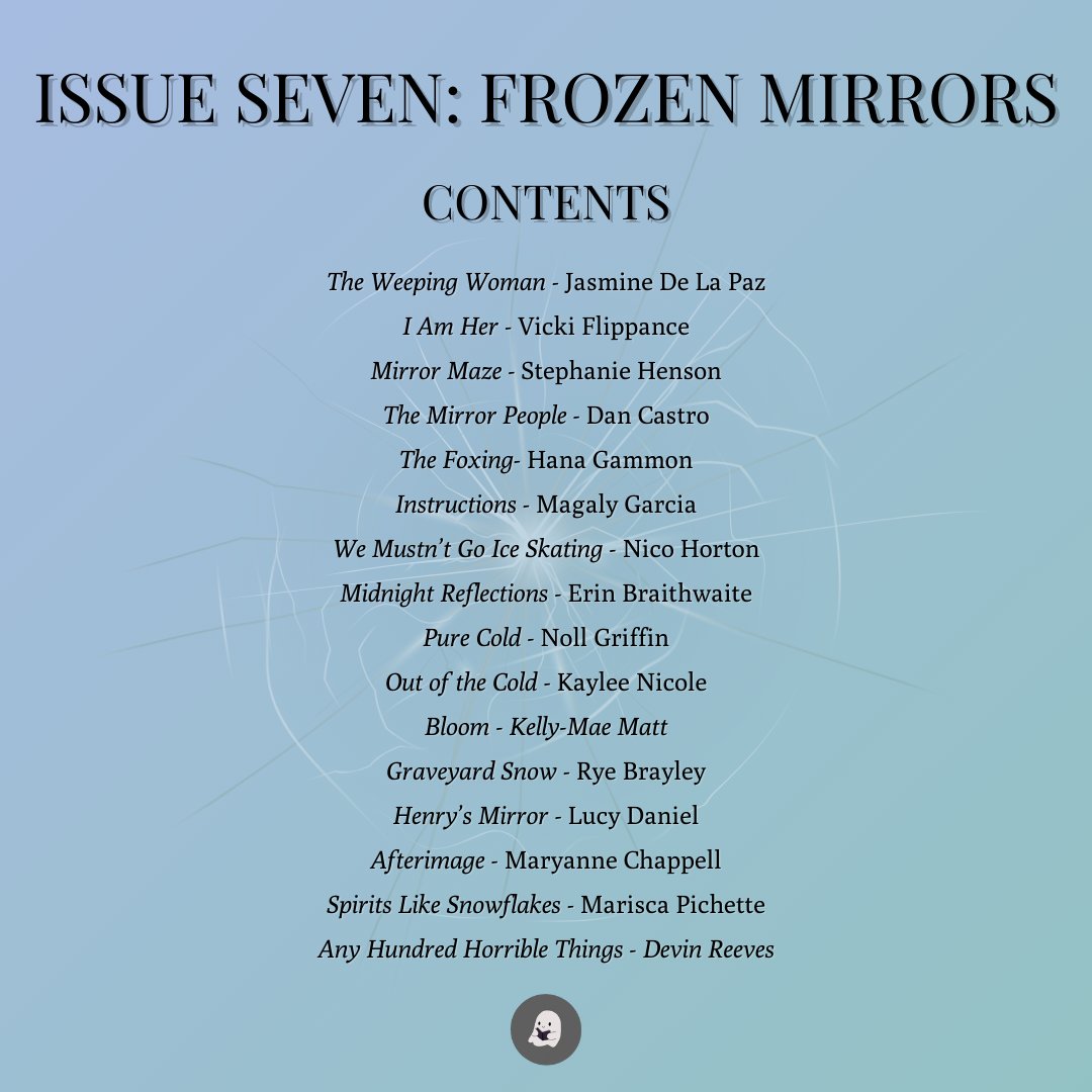 haunted_press's tweet photo. Behold! The contents of Issue Seven: Frozen Mirrors! We're so in love with the work in this issue, and we can't wait to share it with you - more coming soon 💙🪞 https://t.co/adF0WFJeS8