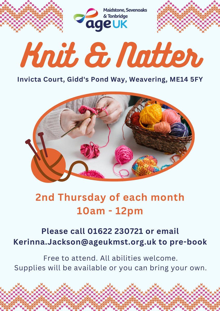 ageukmst's tweet image. Our brand new Knit &amp;amp; Natter group started today and will take place on the 2nd Thursday each month.

We will meet from 10am to 12pm at Invicta Court Care Home.

It is free to attend but please pre-book by calling 01622 753618 or emailing Kerinna.Jackson@ageukmst.org.uk.