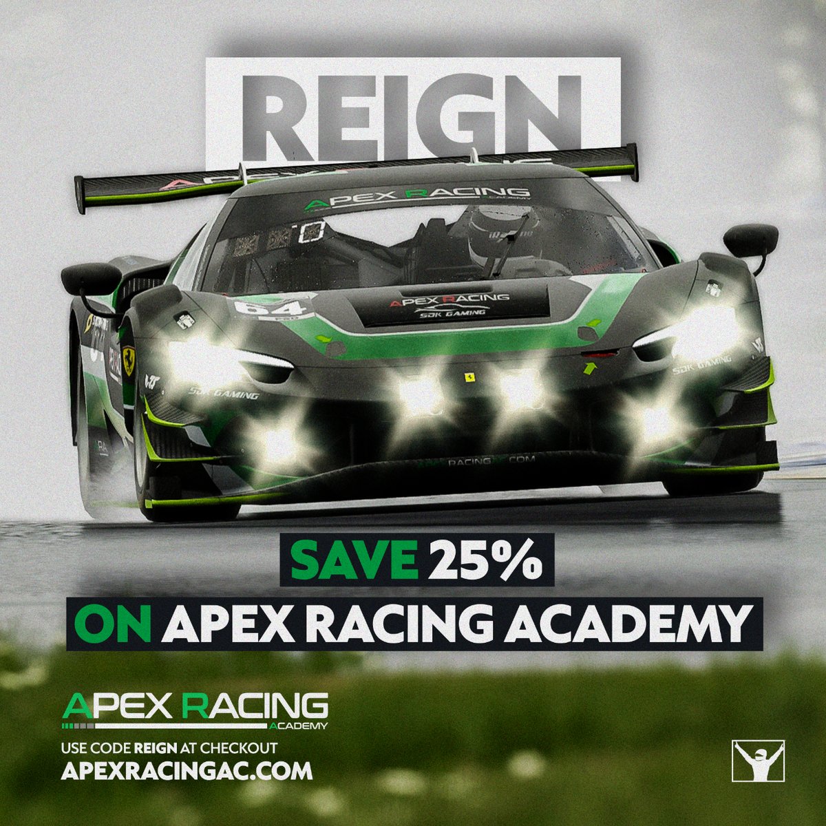 👑 Reign this season! 🌧️ Sign up now with the code REIGN for 25% off monthly and annual plans. Get full support in the rain with the following iRacing rain-supported series' this season: ✅ IMSA iRacing Series ✅ FIA F4 ✅ Super Formula Lights 🔗 apexracingac.com