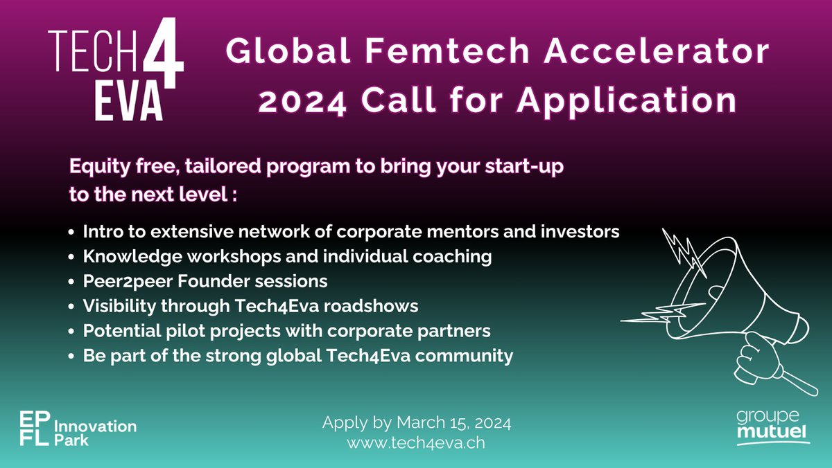 femtechinsider's tweet image. 🚀 #Femtech Accelerator #Tech4Eva is launching the 4th edition of its yearly program and is looking for 10-15 innovative #womenshealth startups ready to elevate their impact on a global scale.     

Seize the opportunity and apply by March 15! 👇
app.epfl-innovationpark.ch/public/applica…