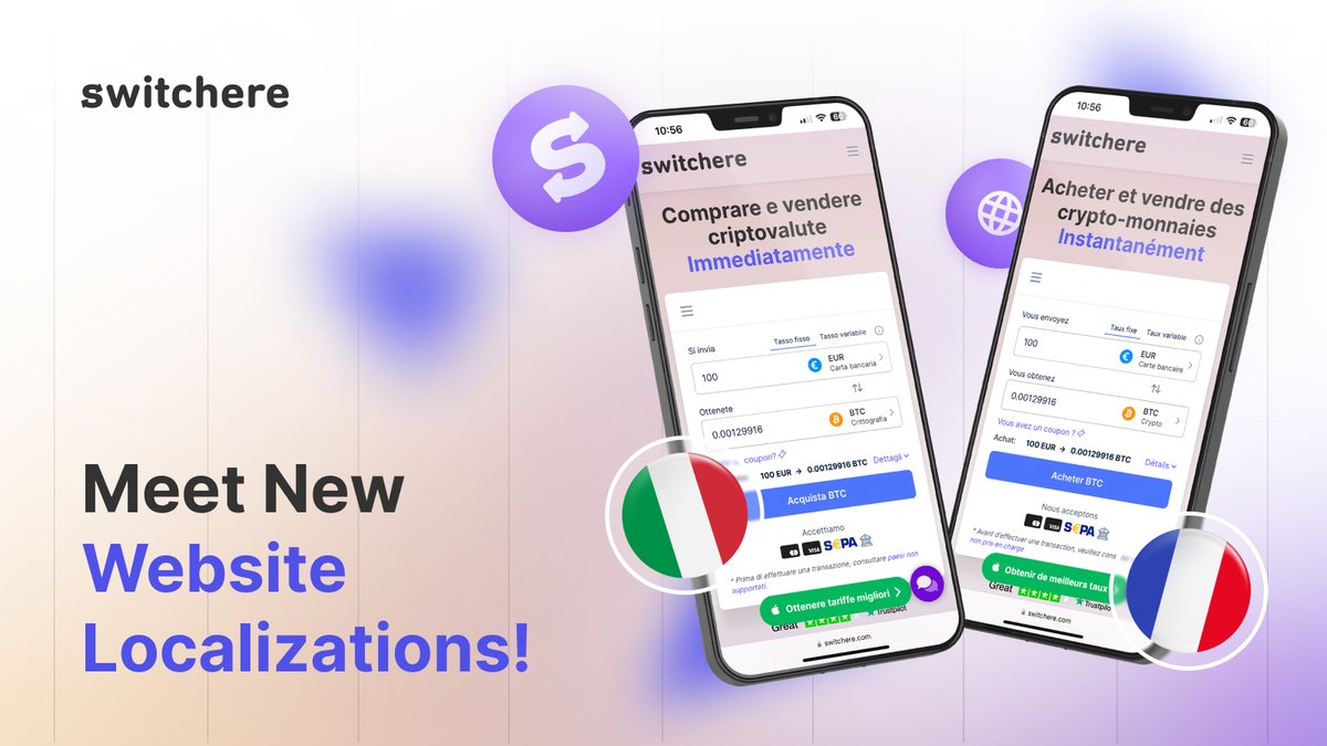 Switchere_com's tweet photo. French &amp; Italian website localizations are live at Switchere! 🚀

Swap top #crypto easily on our platform, now in your native language.

🇫🇷 Acheter crypto: https://t.co/6aapcmafsO
🇮🇹 Acquista cripto: https://t.co/O1ZNavkEma

#cryptomonnaie #criptovaluta #criptomoneta #cripto #btc https://t.co/vDTaKxleF3