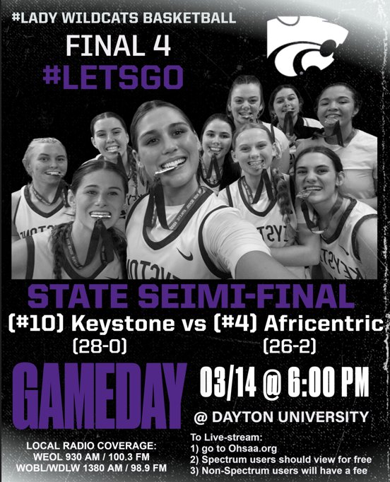 It's GameDay for your Lady Wildcats. See State Semi-final game Live-stream info for today.

#10 Keystone (28-0) vs #4 Africentric (26-2)

#LadyWildcatsBasketball 
#Final_4
#LetsGo