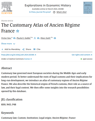 I am glad to share the Customary Atlas of Ancien Régime France joint with @gobbi_paula and Marc Goñi out in Explorations Voltaire claimed there were 144 customs with the force of law. He was close! We find 141 Paper👉doi.org/10.1016/j.eeh.… Data👉doi.org/10.7910/DVN/HY… (1/3)