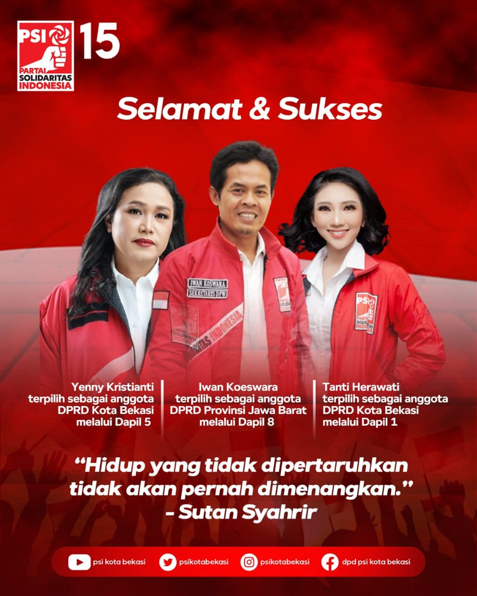 psikotabekasi's tweet photo. Selamat atas perjalanan baru yang akan dimulai oleh sis ketua @HerawatiTanti08 , sis @yennykristianti72 dan bro @ikosnomos yang
 telah terpilih sebagai Anggota DPRD Kota Bekasi dan Anggota DPRD Provinsi Jawa Barat. Semoga amanah dalam memperjuangkan aspirasi masyarakat. https://t.co/zG9VneWucL