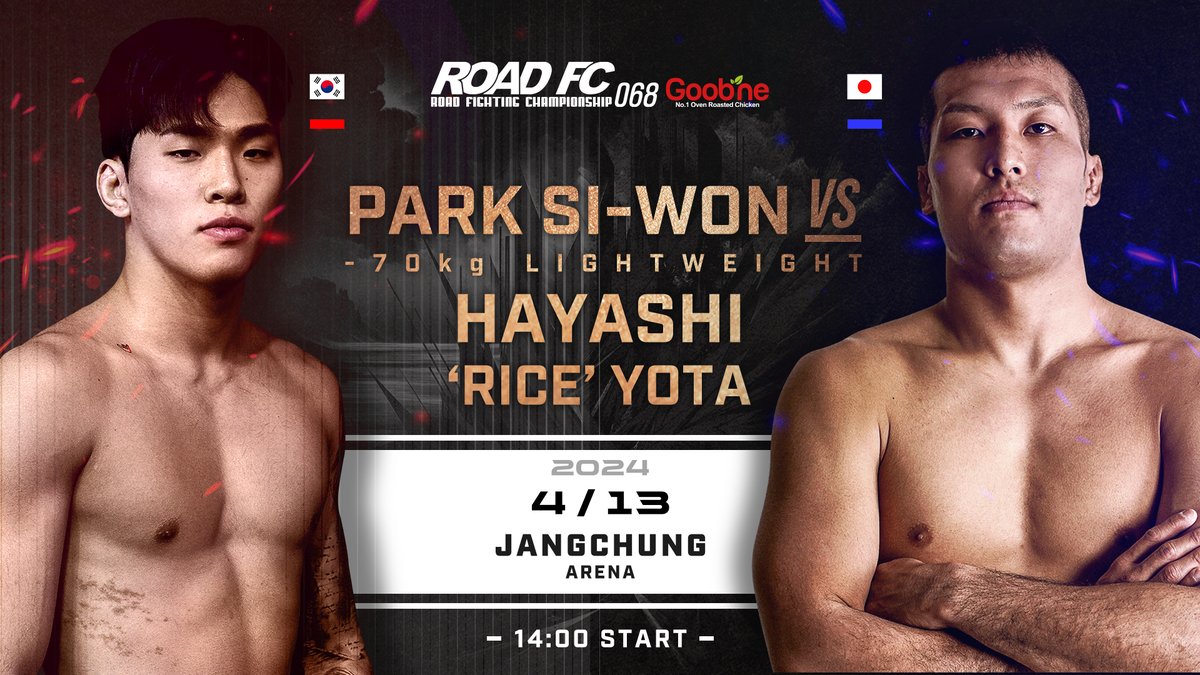 doc2kyo's tweet image. 로드FC 068
4월 13일 장충체육관
[헤비] 김태인 vs 세키노 타이세이
[라이트] 박시원 vs 하야시 요타 
[74kg] 윤태영 vs 김산
[라이트] 데바나 슈타로 vs 한상권
[라이트] 신동국 vs 알리 캅둘라
[55kg] 신유진 vs 이은정
[라이트] 박현빈 vs 진성훈
#ROADFC #ROADFC068 #関野大成 #林陽太 #出花崇太郎