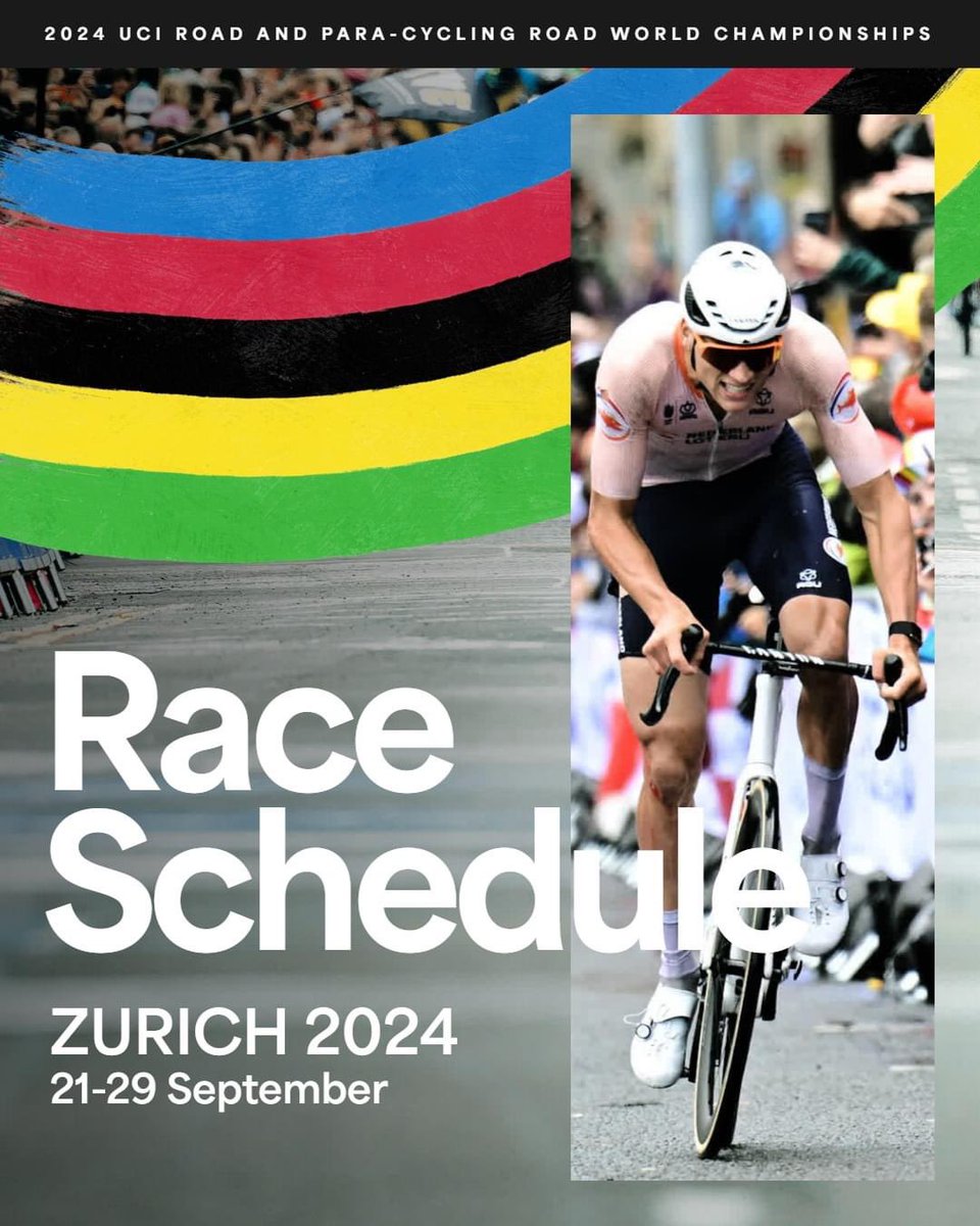 L'UCI et le comité d'organisation des championnats du monde sur route et para-cyclisme sur route Zurich 2024 annoncent le calendrier détaillé des courses . 🙌
Du 21 au 29 septembre, #Zurich2024.

En savoir plus 👉 bit.ly/4ctp38j