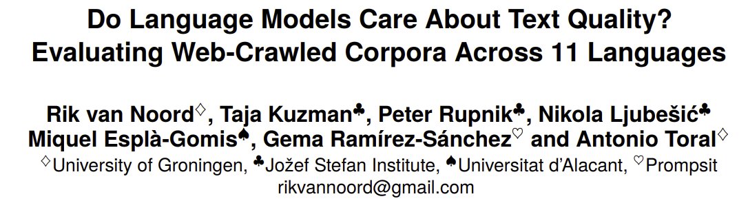 Happy to share our latest MaCoCu paper, accepted at #LRECCOLING2024 <a href="/LrecColing/">LREC COLING 2024</a>  #NLProc 🎉

We have linguists annotate the data *quality* of 4 well-known monolingual corpora (OSCAR, CC100, mC4 and MaCoCu) across 11 European low-resource languages.

Link: arxiv.org/pdf/2403.08693…
