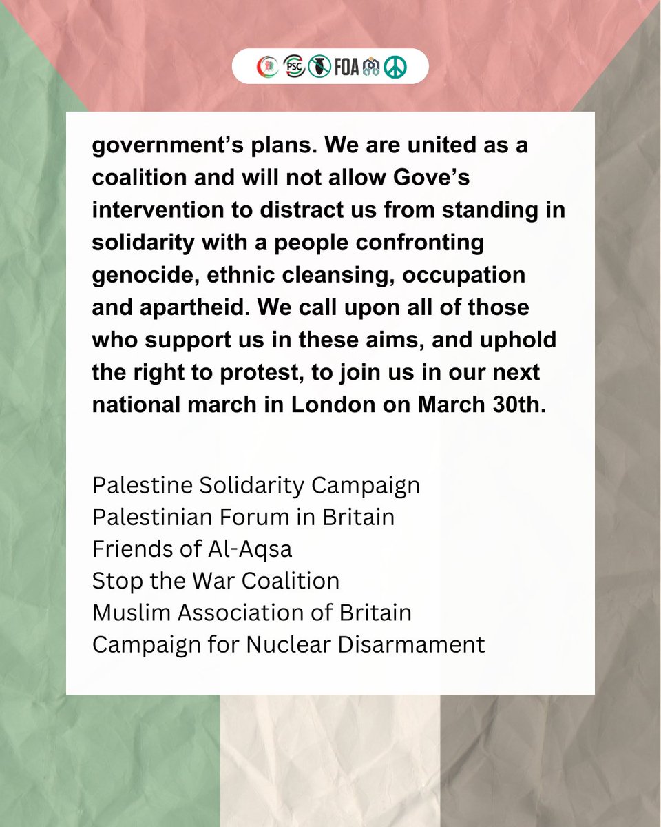 The coalition who have been organising the national marches calling for a ceasefire in Gaza respond to Michael Gove's statement in Parliament. 

#FreePalestine #CeasefireNOW #StopGazaGenocide