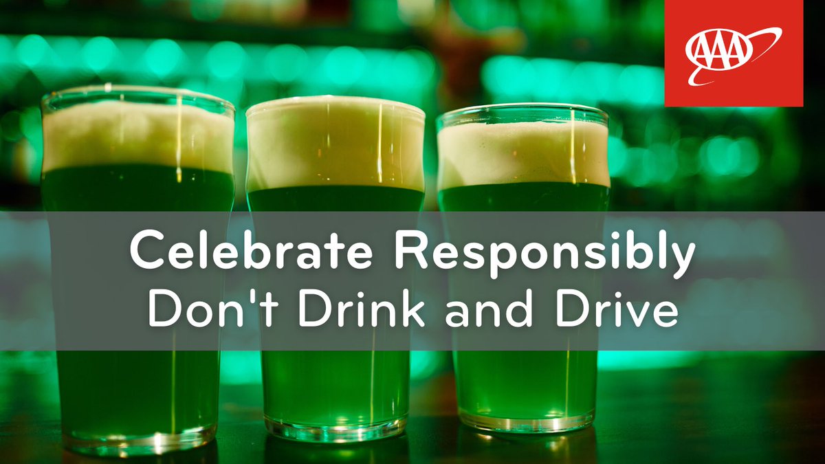 Whether you’re Irish or just enjoy the festivities of #StPatricksDay, AAA urges those partaking in alcohol to plan ahead before the celebrating begins. Booze and beer―including the green variety―can be a deadly combination when it comes to driving. #DontDrinkAndDrive #DriveSober