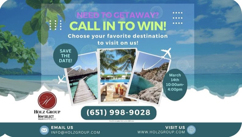 Hill_emj's tweet photo. Call IN to WIN today! You will speak to a member of the Holz Group and be entered to win an airline ticket to a destination of your choice within the continental U.S.! ✈️ https://t.co/REFIZpnrHk https://t.co/j7lcQdIkkL