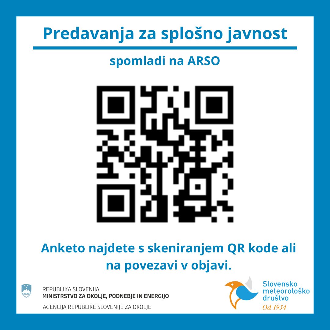 meteoSI's tweet photo. 🤝Slovensko meteorološko društvo v sodelovanju z ARSO ponuja več predavanj za splošno javnost.

🙏Še enkrat vas naprošamo, da izpolnite anketo, ki jo najdete s skeniranjem QR kode ali na povezavi naslednji povezavi:

🔗https://t.co/gtSNMhtCam

#predavanja https://t.co/n9U4W9W0ZJ